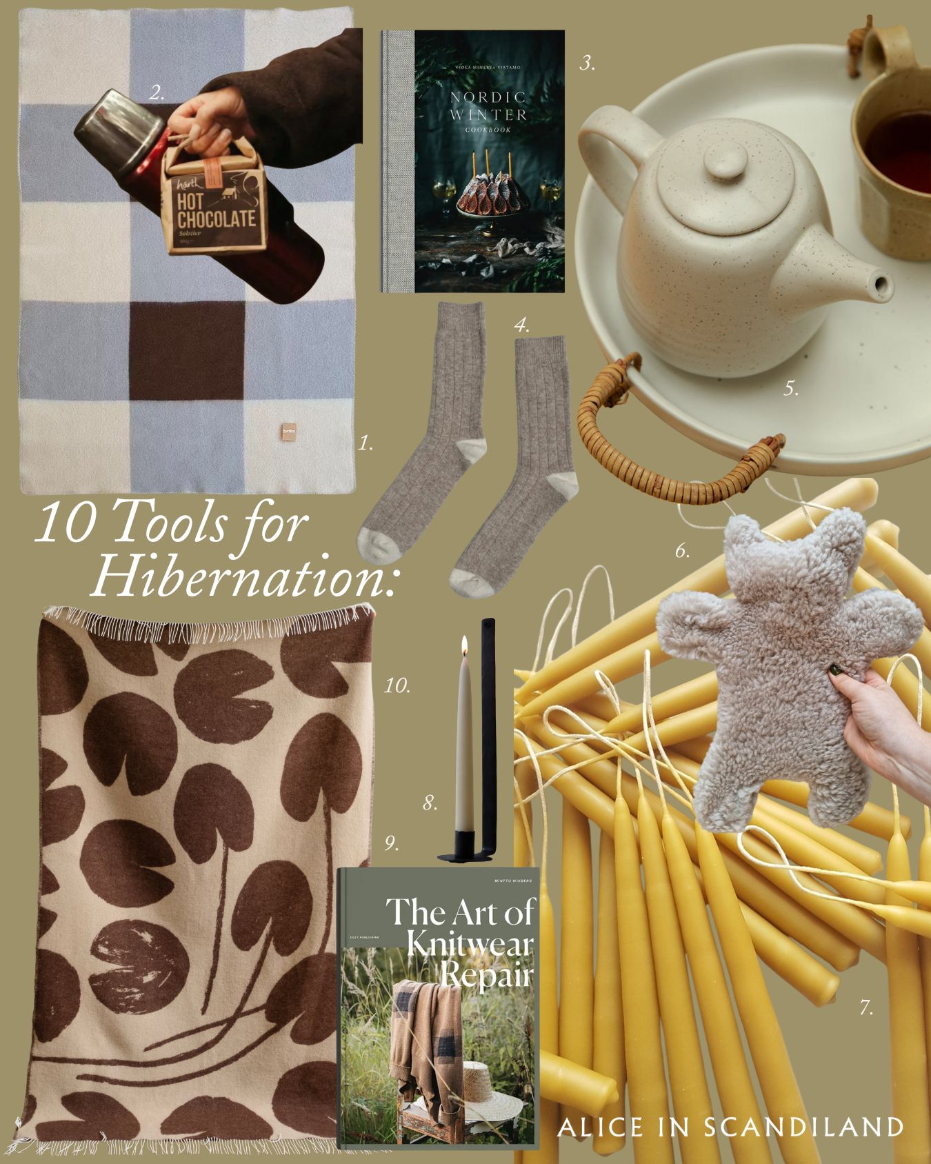Alice in Scandiland 10 Tools for Hibernation collage showing wool blankets, books, beeswax candles, socks and more